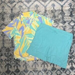Jams‎ World XS Hawaiian Shirt & Shorts Set Fronds Rayon Fronds Hawaii Womens